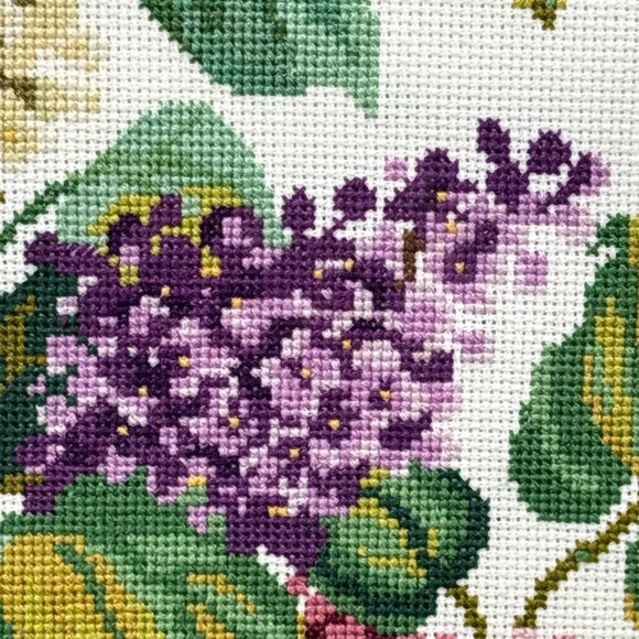 Vintage Completed & Framed Floral Cross Stitch Lilac Needlework Textile Wall Art - Picture 2 of 7